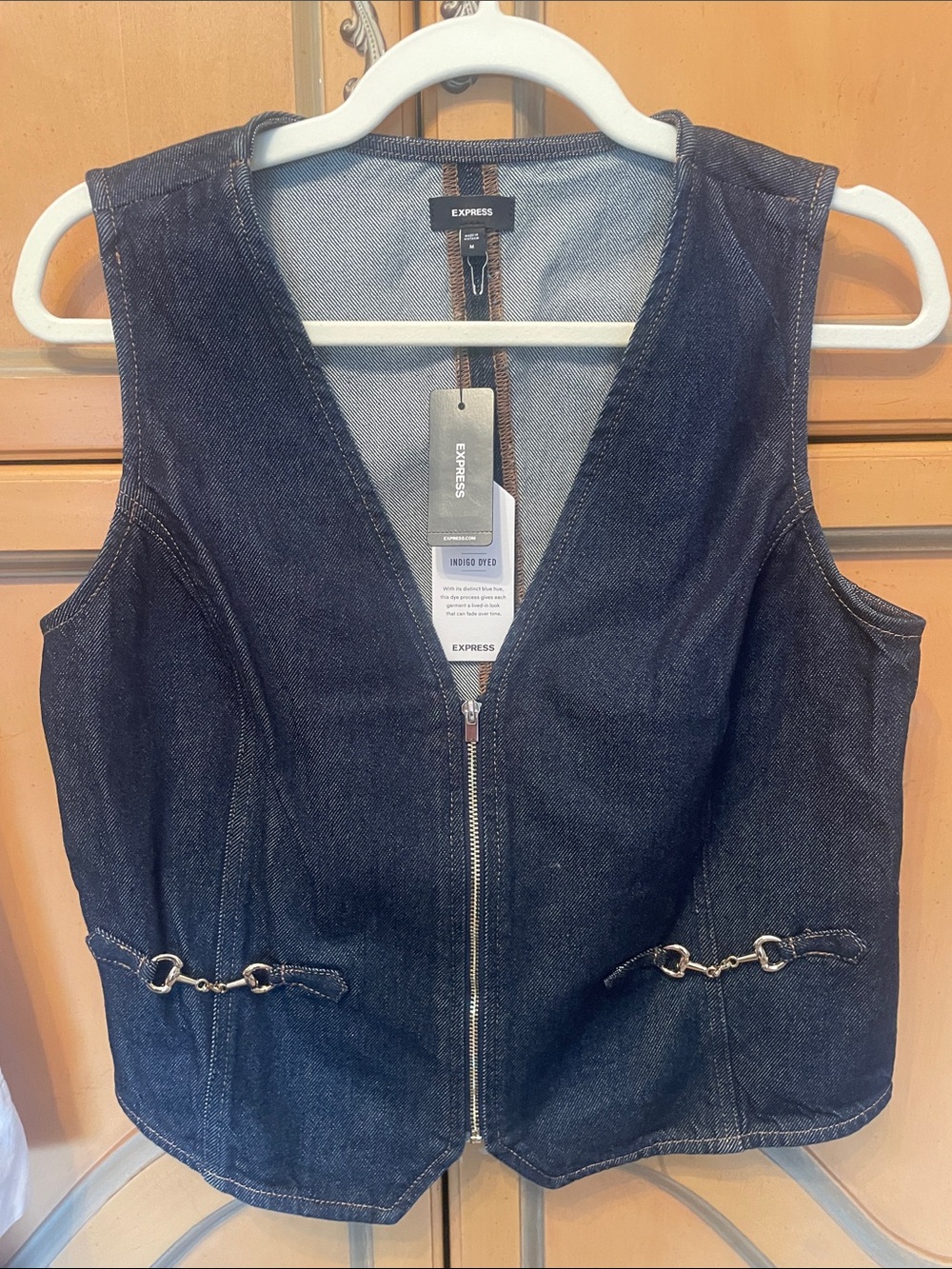 Express Indigo Denim Zip-Front Vest with gold horse Chain Accents